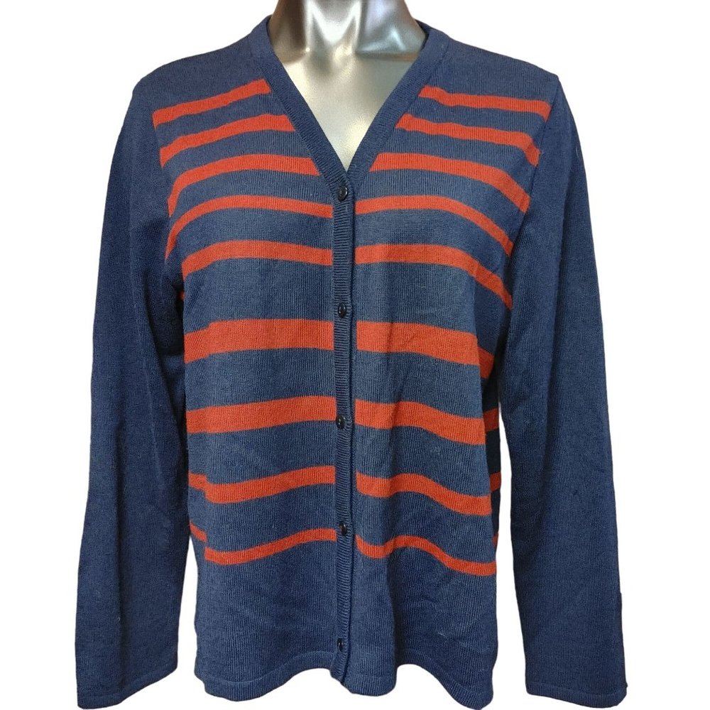 SAG Harbor Dress Women's Navy Blue/Red Stripped Long Sleeve Cardigan L
